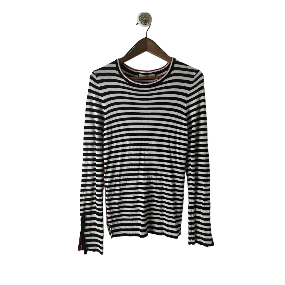 Hilary Radley Katherine Barclay Sweater Medium Black White RedStriped  Crew Neck